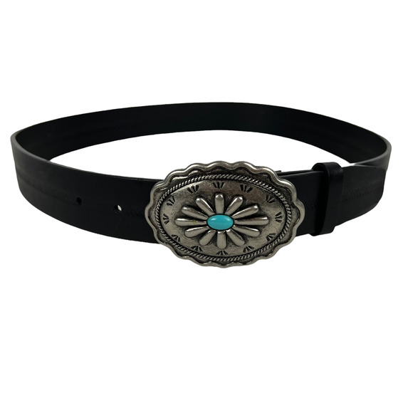 Liz Claiborne Accessories - Black Leather Belt Silver & Turquoise Buckle Western Boho Liz Claiborne Sz M
